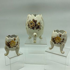 VTG 3 pc INARCO Porcelain Cracked Egg Top Small Planter-Trinket Dish-3 Footed